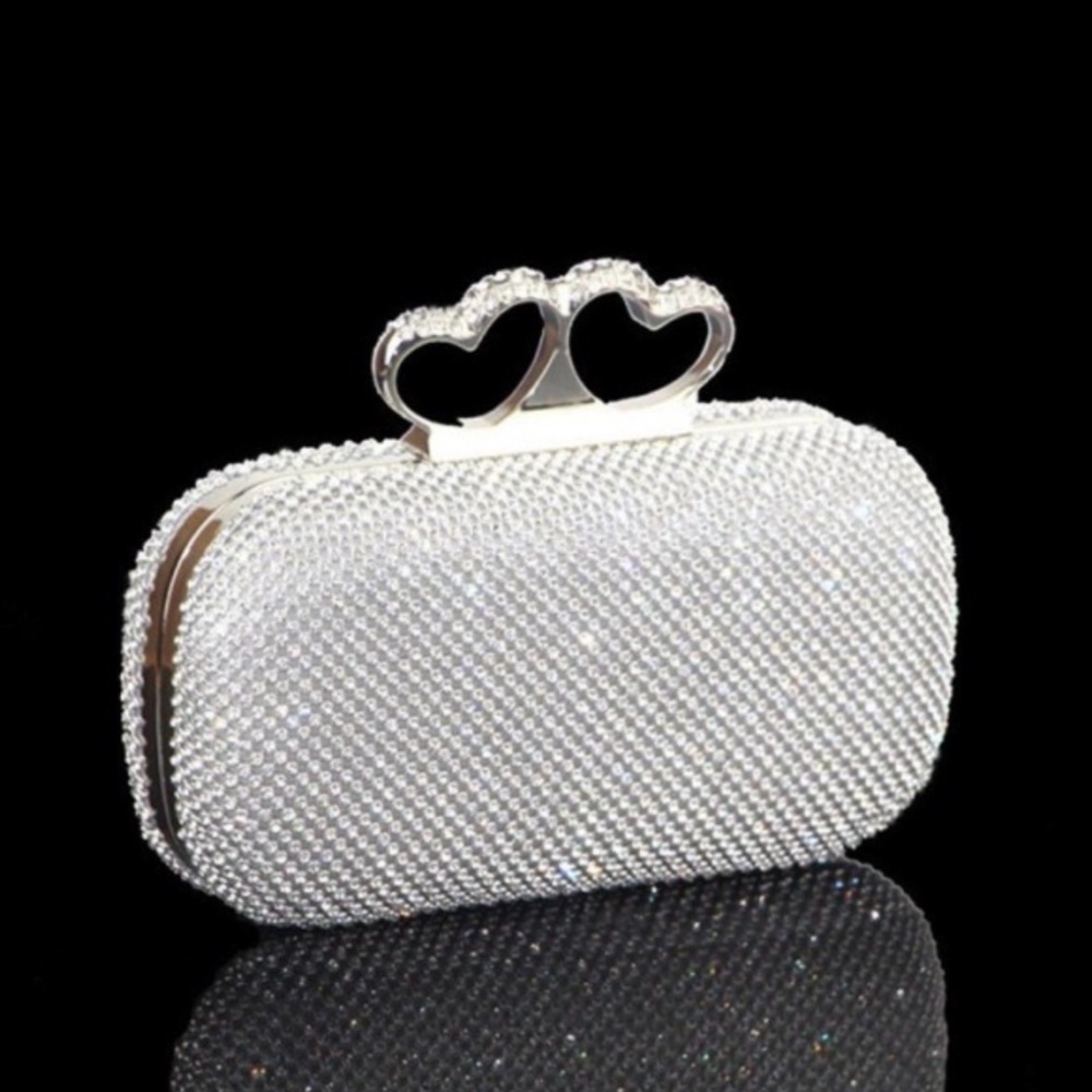 Silver Rhinestone Clutch Heart Clasp Crystal Evening Bag Wedding Prom Formal